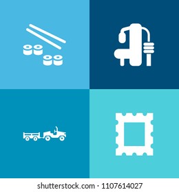 Modern, simple vector icon set on colorful background with fish, delivery, transport, raw, old, restaurant, fitness, salmon, art, machine, traditional, roll, van, exercise, transportation, asian icons