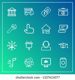 Modern, simple vector icon set on gradient background with truck, musical, university, college, business, tune, plug, white, screen, display, melody, electric, dumper, europe, tin, communication icons
