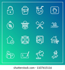 Modern, simple vector icon set on gradient background with bank, sign, business, container, safety, direction, north, protection, sport, game, east, home, table, summer, south, banking, building icons