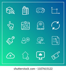 Modern, simple vector icon set on gradient background with report, finger, office, showing, estate, apartment, add, highway, building, statistic, pointing, fish, left, seafood, hand, sos, food,  icons