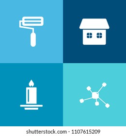 Modern, simple vector icon set on colorful background with work, tool, wall, molecule, color, architecture, real, building, research, light, chemistry, glow, construction, molecular, candlelight icons