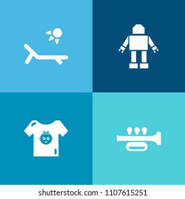Modern, simple vector icon set on colorful background with boy, sunny, sign, infant, child, instrument, concert, horn, tourism, summer, baby, cute, sound, fashion, clothes, musical, intelligence icons
