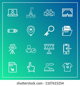 Modern, simple vector icon set on gradient background with hand, internet, carnival, market, web, drum, instrument, call, housework, movie, medieval, castle, tower, notebook, list, video, retro icons