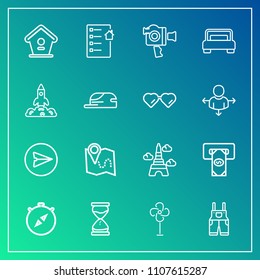 Modern, simple vector icon set on gradient background with estate, eiffel, cash, clock, compass, fan, east, atm, document, home, real, tower, road, work, france, ventilator, communication, email icons