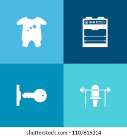 Modern, simple vector icon set on colorful background with bodybuilding, fitness, gym, heavy, stove, fashion, small, kitchen, house, girl, health, food, exercise, cute, sign, infant, household icons