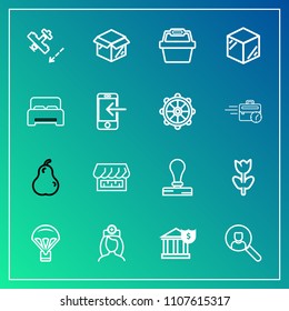 Modern, simple vector icon set on gradient background with nurse, stamp, box, web, fresh, jump, healthcare, plane, spring, finance, nature, cardboard, business, floral, stationery, white, flight icons