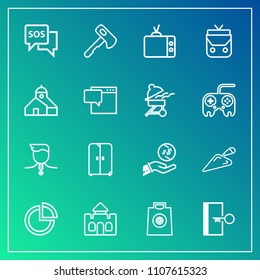 Modern, simple vector icon set on gradient background with architecture, exit, escape, television, castle, fashion, construction, tv, door, home, cabinet, business, shovel, competition, dollar icons