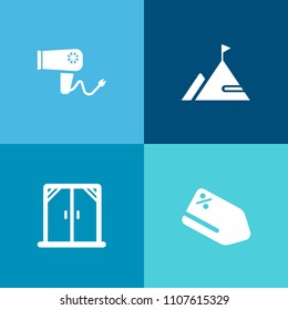 Modern, simple vector icon set on colorful background with graphic, modern, hairdresser, gift, nature, travel, warm, architecture, hairdryer, care, house, shop, beauty, hair, salon, discount icons