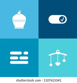 Modern, simple vector icon set on colorful background with pastry, toy, white, dessert, childhood, baked, child, mobile, web, text, pie, abstract, graphic, blue, cake, bedtime, tasty, food, boy icons