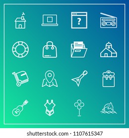 Modern, simple vector icon set on gradient background with building, internet, guitar, fan, people, page, white, house, air, concert, audio, animal, estate, music, profile, fashion, sign, sound icons