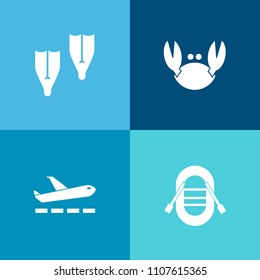 Modern, simple vector icon set on colorful background with scuba, trip, travel, underwater, fly, flight, beach, restaurant, swim, flipper, ship, sea, boat, departure, dinner, transportation icons
