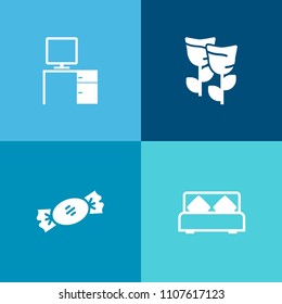 Modern, simple vector icon set on colorful background with work, business, nature, lolly, office, job, summer, home, house, table, petal, computer, apartment, people, lollipop, comfortable, leaf icons