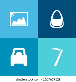 Modern, simple vector icon set on colorful background with handbag, transport, collection, picture, old, photo, automobile, white, silhouette, repair, hammer, accessory, work, paper, screwdriver icons