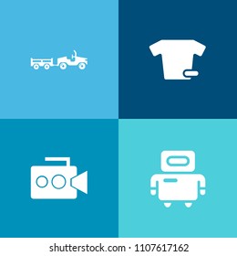 Modern, simple vector icon set on colorful background with truck, van, cyborg, transport, future, professional, sign, equipment, shipping, record, apparel, clothing, digital, textile, film, 3d icons