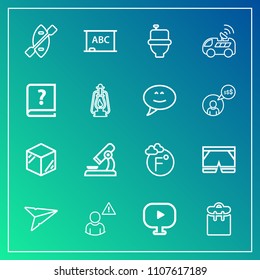 Modern, simple vector icon set on gradient background with professional, toilet, fashion, online, bathroom, science, blackboard, template, canoe, fahrenheit, media, email, water, shorts, board icons