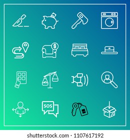 Modern, simple vector icon set on gradient background with clinic, help, travel, cell, medical, safety, scale, upload, sos, doctor, technology, measurement, key, door, finance, coin, place, sign icons