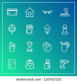 Modern, simple vector icon set on gradient background with leather, fahrenheit, juice, scale, hourglass, time, business, glass, estate, banking, thermometer, cocktail, equipment, real, hand, bag icons