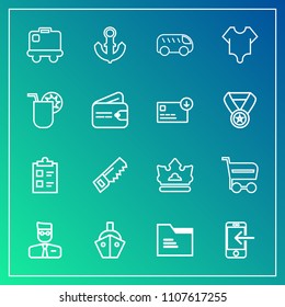 Modern, simple vector icon set on gradient background with airport, ship, check, left, file, trolley, office, construction, market, cart, bag, travel, web, luggage, sea, shop, bus, saw, move icons