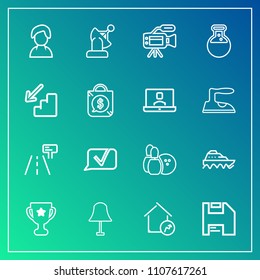 Modern, simple vector icon set on gradient background with microphone, game, internet, home, sea, ball, ship, tripod, communication, diskette, person, camera, chat, profile, lamp, street, earth icons