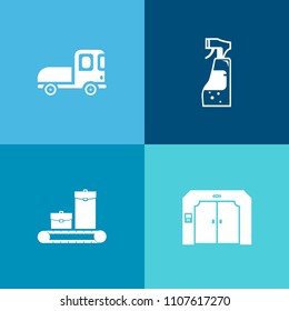 Modern, simple vector icon set on colorful background with cleaning, car, up, vehicle, container, liquid, household, transport, truck, travel, arrow, sign, bag, van, information, briefcase, road icons