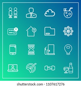 Modern, simple vector icon set on gradient background with mobile, drink, location, cell, string, sign, folk, cloud, gas, technology, oil, alcohol, call, sport, music, happy, internet, sand, boy icons