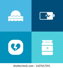 Modern, simple vector icon set on colorful background with sun, sunrise, training, fitness, protein, sport, sunny, half, beautiful, morning, healthy, charge, food, battery, sign, power, heart icons
