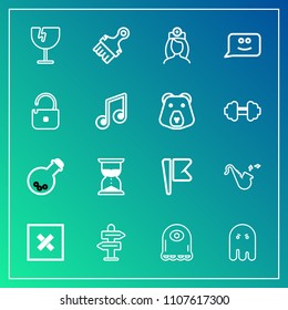 Modern, simple vector icon set on gradient background with trumpet, crash, way, sand, sign, closed, window, business, medicine, alien, doctor, healthcare, character, clock, direction, laboratory icons