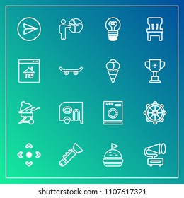 Modern, simple vector icon set on gradient background with gramophone, email, rudder, trumpet, jazz, delivery, arrow, nautical, button, message, lunch, transport, bread, bbq, cooking, music, car icons