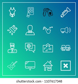 Modern, simple vector icon set on gradient background with fight, fashion, device, identity, modern, internet, summer, user, woman, jazz, bikini, laptop, sport, home, security, card, boxing, key icons