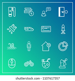 Modern, simple vector icon set on gradient background with drink, computer, home, care, man, device, business, landlord, wheel, technology, swimming, water, earth, pie, chat, cycle, satellite icons