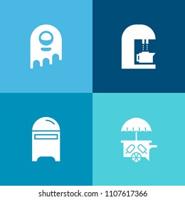 Modern, simple vector icon set on colorful background with fiction, truck, coffee, fantasy, character, email, humanoid, sweet, espresso, post, box, summer, mailbox, open, spaceship, delivery icons