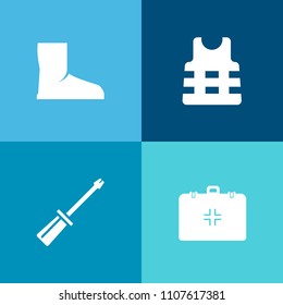 Modern, simple vector icon set on colorful background with shoe, hardware, object, background, industry, repair, fashion, doctor, hospital, boot, tool, screw, white, work, life, vest, emergency icons