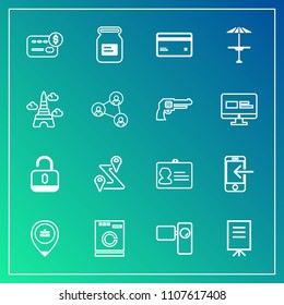 Modern, simple vector icon set on gradient background with navigation, metal, id, presentation, mobile, balance, internet, people, machine, washer, housework, meeting, open, road, card, security icons