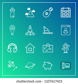 Modern, simple vector icon set on gradient background with space, mountain, office, card, building, phone, finance, travel, way, estate, astronomy, plane, famous, music, nature, bank, headset icons