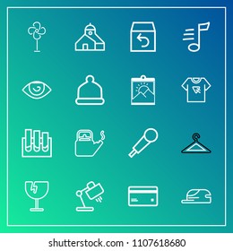 Modern, simple vector icon set on gradient background with kettle, analysis, sound, money, air, crash, glass, window, research, lamp, ventilator, construction, hanger, shattered, medical, fan icons