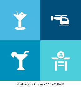 Modern, simple vector icon set on colorful background with juice, transport, liquid, aviation, refreshment, asian, japan, party, fruit, art, helicopter, chopper, glass, transportation, japanese icons