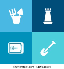 Modern, simple vector icon set on colorful background with banking, saw, hammer, outdoor, bank, toy, finance, currency, rook, game, piece, object, yellow, chess, shovel, tool, sign, wrench, pawn icons