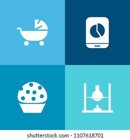 Modern, simple vector icon set on colorful background with science, infant, food, young, chocolate, test, diagram, bar, doughnut, medicine, buggy, toddler, tube, concept, business, chemical, web icons