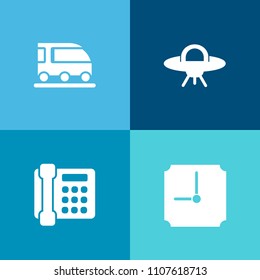 Modern, simple vector icon set on colorful background with alien, communication, mobile, ship, van, transport, technology, spaceship, vehicle, transportation, ufo, road, tram, timer, black, bus icons