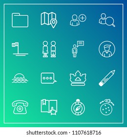 Modern, simple vector icon set on gradient background with sign, landscape, online, add, compass, internet, queen, pencil, account, travel, royal, technology, telephone, book, location, open icons