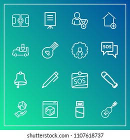 Modern, simple vector icon set on gradient background with online, businessman, label, bell, guitar, write, people, alarm, profile, concert, musical, equipment, sound, pitch, wood, package, plug icons