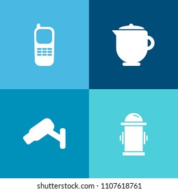 Modern, simple vector icon set on colorful background with tea, surveillance, sign, teapot, department, water, kettle, phone, technology, hot, stationary, fire, protection, kitchen, telephone icons