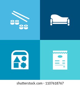 Modern, simple vector icon set on colorful background with bear, couch, meal, ball, maki, button, restaurant, people, sofa, young, duck, japanese, rice, play, modern, japan, salmon, sitting, toy icons