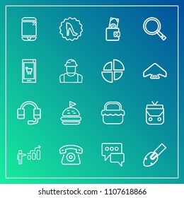 Modern, simple vector icon set on gradient background with chat, money, purse, bag, success, call, development, touchscreen, dollar, technology, style, microphone, bubble, circle, object, frame icons
