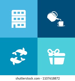 Modern, simple vector icon set on colorful background with present, restaurant, ocean, seafood, gift, decoration, cup, fishing, holiday, greeting, structure, fish, building, christmas, tea, box icons