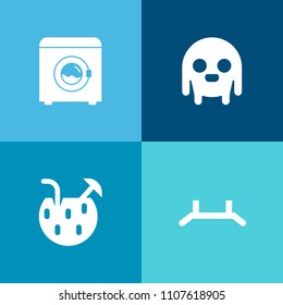 Modern, simple vector icon set on colorful background with rollup, juice, space, spaceship, domestic, clean, detergent, creature, web, poster, character, display, stand, fiction, appliance, ufo icons
