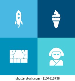 Modern, simple vector icon set on colorful background with ice-cream, costume, hair, sweet, spaceship, japanese, female, geisha, film, shuttle, summer, food, kimono, flavor, icecream, young, ice icons