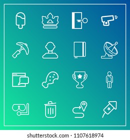 Modern, simple vector icon set on gradient background with web, location, trash, equipment, navigation, exit, cream, can, recycling, ice, queen, diving, event, map, mask, celebration, snack, man icons