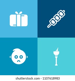 Modern, simple vector icon set on colorful background with birthday, food, ribbon, christmas, meal, child, meat, celebration, present, wine, dish, cute, portrait, champagne, face, kid, bow, love icons