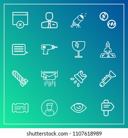 Modern, simple vector icon set on gradient background with body, fire, entertainment, projection, page, telescope, mail, employer, internet, profile, astronomy, direction, business, video, job icons